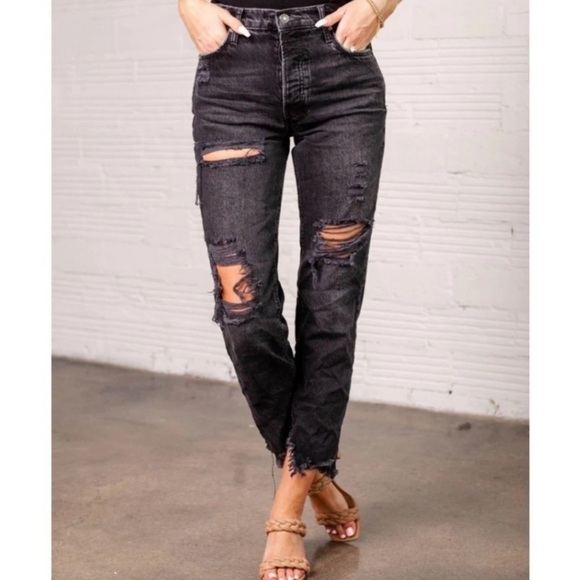 Free People We The Free Obsidian Distressed Tapered Baggy Boyfriend Jeans - Picture 1 of 17